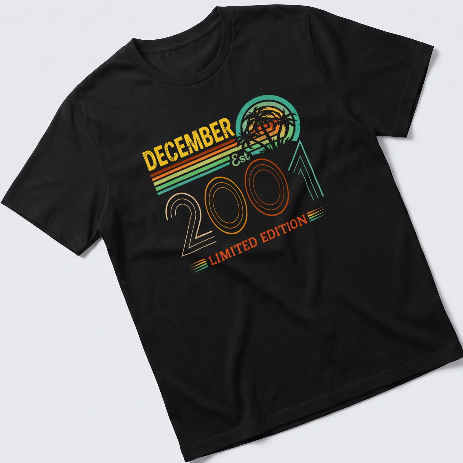 Vintage retro December birthday t-shirt with colorful text and fun design — printed on a unisex t-shirt