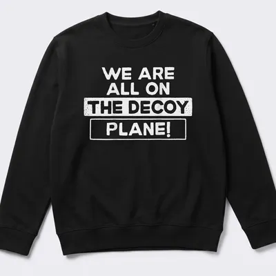 Bold typography tee with the phrase We Are All On The Decoy Plane! — printed on a unisex sweatshirt