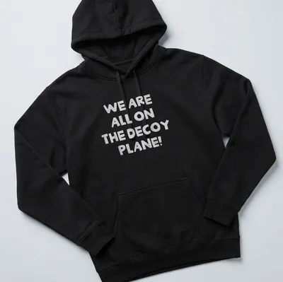 Bold typography t-shirt with the phrase 'We Are All On The Decoy Plane!' and a decoy plane graphic. — printed on a unisex hoodie