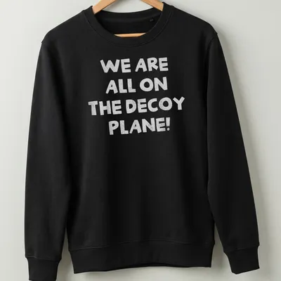 Bold typography t-shirt with the phrase 'We Are All On The Decoy Plane!' and a decoy plane graphic. — printed on a unisex sweatshirt
