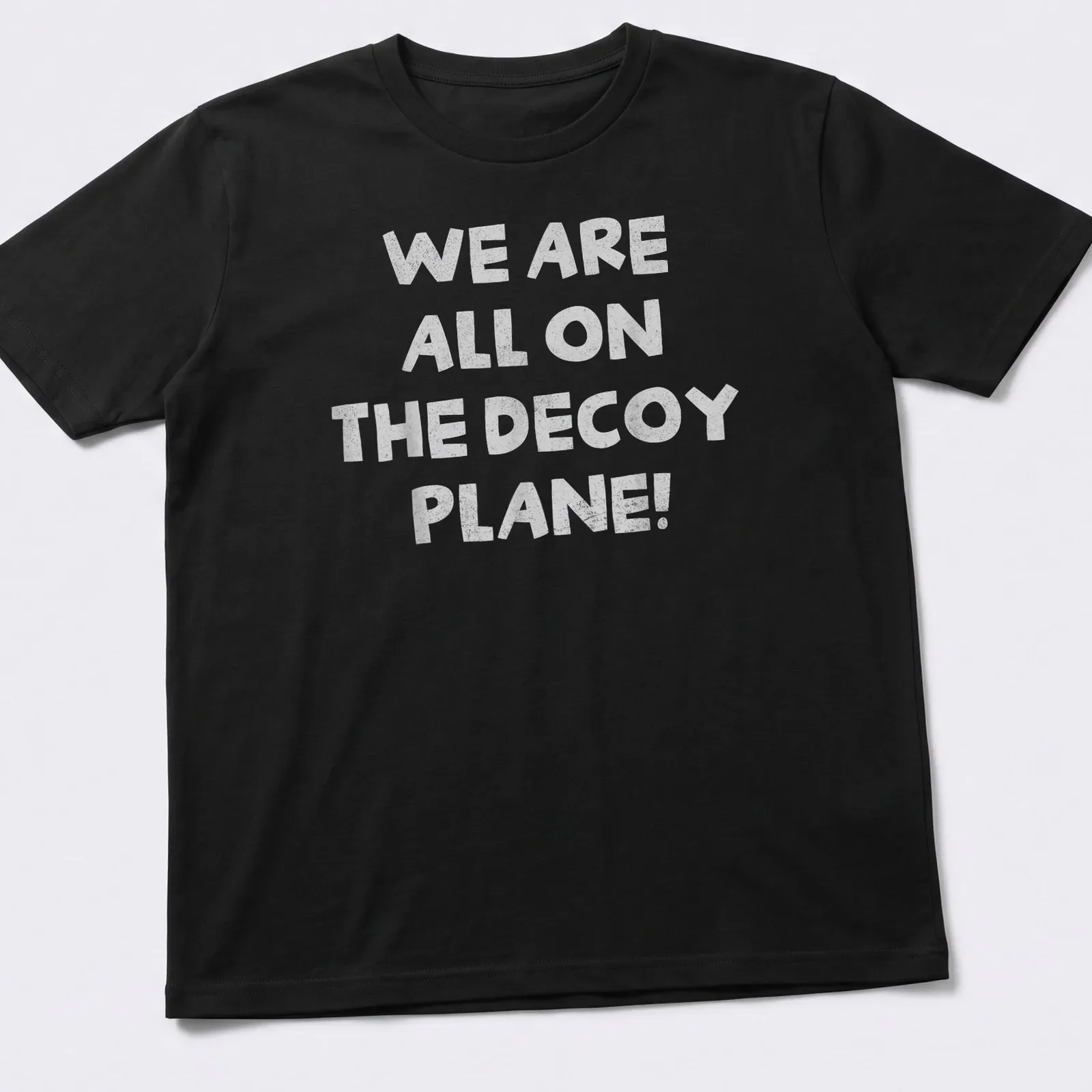 Bold typography t-shirt with the phrase 'We Are All On The Decoy Plane!' and a decoy plane graphic. — printed on a unisex t-shirt