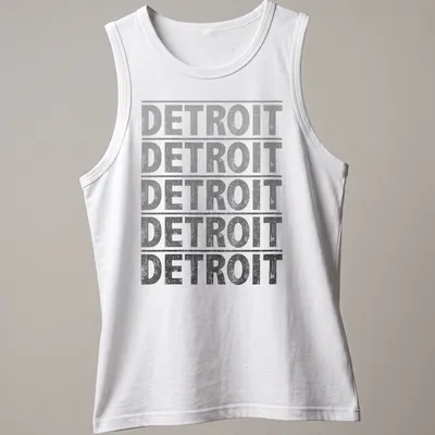 Distressed Detroit text graphic tee in gray, black, and white — printed on a tank top