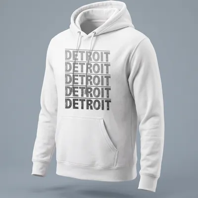 Distressed Detroit text graphic tee in gray, black, and white — printed on a unisex hoodie