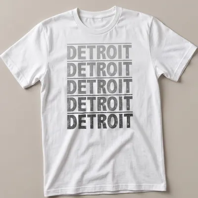 Distressed Detroit text graphic tee in gray, black, and white