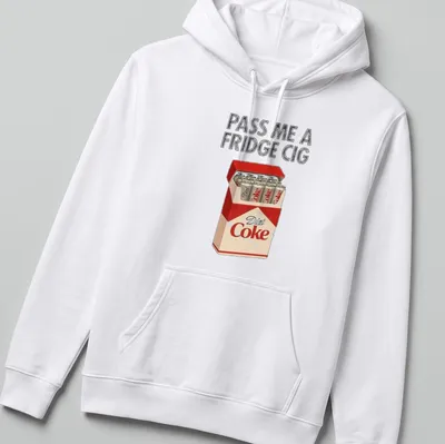 Humorous meme shirt featuring Diet Coke cans and the phrase 'Pass Me A Fridge Cig.' — printed on a unisex hoodie