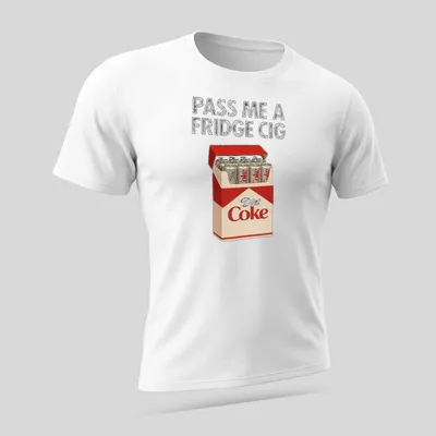 Humorous meme shirt featuring Diet Coke cans and the phrase 'Pass Me A Fridge Cig.' — printed on a unisex t-shirt (angled view)