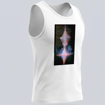 Futuristic abstract graphic of a digital landscape with neon colors and text. — printed on a tank top