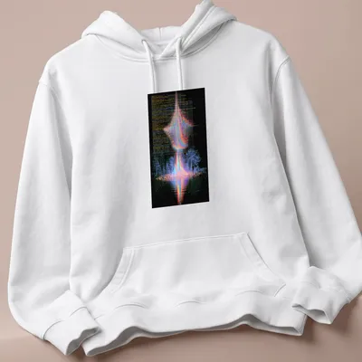 Futuristic abstract graphic of a digital landscape with neon colors and text. — printed on a unisex hoodie