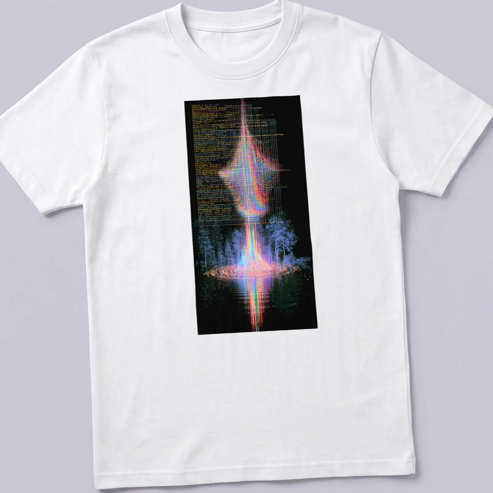 Futuristic abstract graphic of a digital landscape with neon colors and text. — printed on a unisex t-shirt