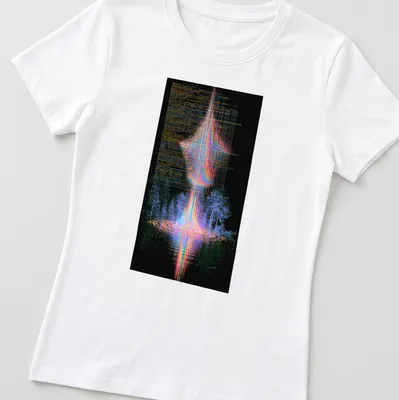 Futuristic abstract graphic of a digital landscape with neon colors and text. — printed on a women's shirt