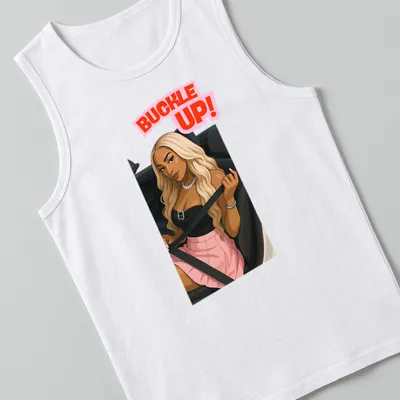 Kawaii line-art of Dijonai Carrington with 'Buckle Up!' text in pink and black — printed on a tank top