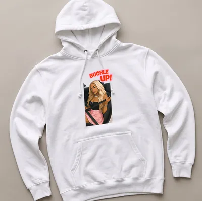 Kawaii line-art of Dijonai Carrington with 'Buckle Up!' text in pink and black — printed on a unisex hoodie