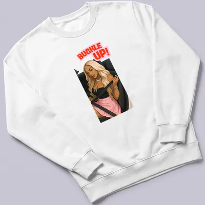 Kawaii line-art of Dijonai Carrington with 'Buckle Up!' text in pink and black — printed on a unisex sweatshirt