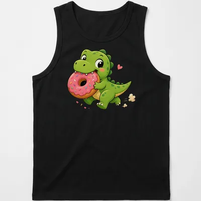 Kawaii style t-shirt featuring a cute green dinosaur stealing a pink donut — printed on a tank top