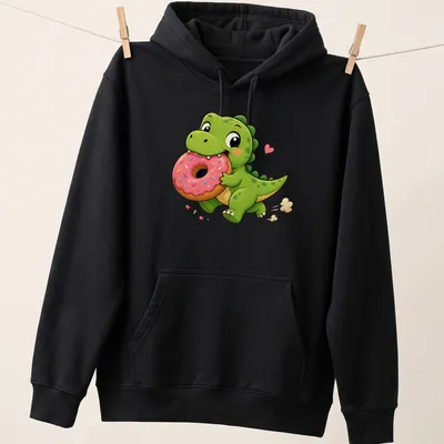 Kawaii style t-shirt featuring a cute green dinosaur stealing a pink donut — printed on a unisex hoodie