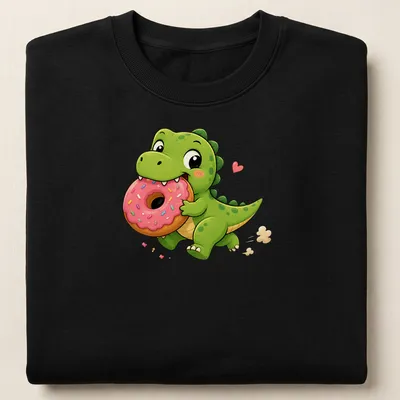 Kawaii style t-shirt featuring a cute green dinosaur stealing a pink donut — printed on a unisex sweatshirt