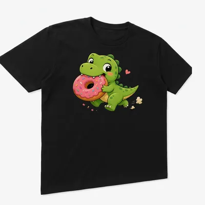 Kawaii style t-shirt featuring a cute green dinosaur stealing a pink donut — printed on a unisex t-shirt (angled view)