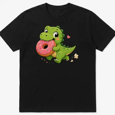 Kawaii style t-shirt featuring a cute green dinosaur stealing a pink donut