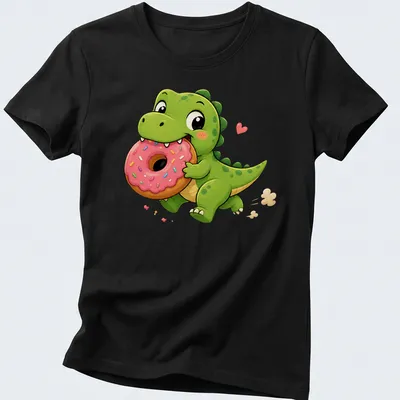 Kawaii style t-shirt featuring a cute green dinosaur stealing a pink donut — printed on a women's shirt