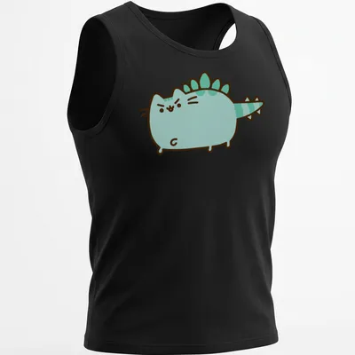 Kawaii line-art Dinosaur Pusheen character in light blue and green — printed on a tank top