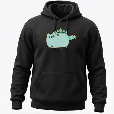 Kawaii line-art Dinosaur Pusheen character in light blue and green — printed on a unisex hoodie