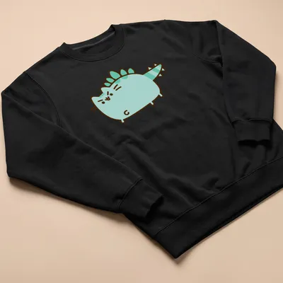 Kawaii line-art Dinosaur Pusheen character in light blue and green — printed on a unisex sweatshirt