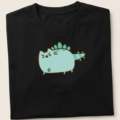 Kawaii line-art Dinosaur Pusheen character in light blue and green — printed on a unisex t-shirt
