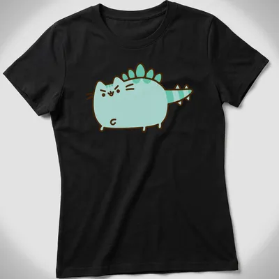 Kawaii line-art Dinosaur Pusheen character in light blue and green — printed on a women's shirt
