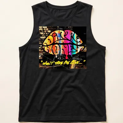 Colorful graffiti-style print featuring Dirty Honey and bold text — printed on a tank top