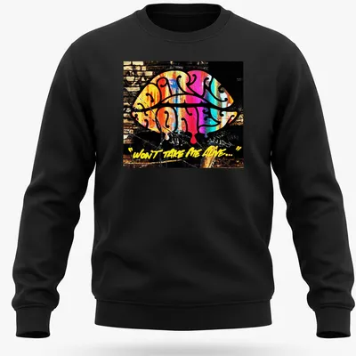 Colorful graffiti-style print featuring Dirty Honey and bold text — printed on a unisex sweatshirt