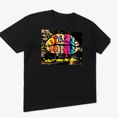 Colorful graffiti-style print featuring Dirty Honey and bold text — printed on a unisex t-shirt (angled view)