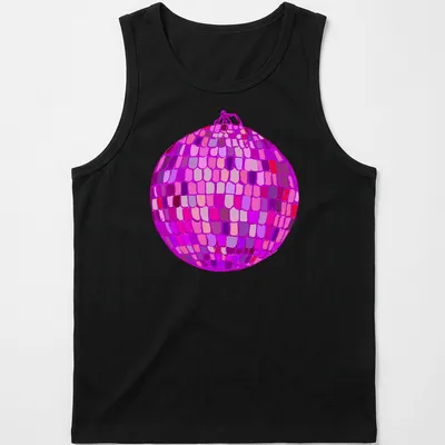 Vibrant illustration of a disco ball in pink, purple, red, and magenta hues — printed on a tank top