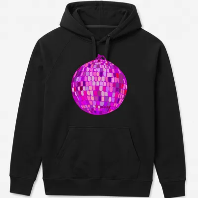 Vibrant illustration of a disco ball in pink, purple, red, and magenta hues — printed on a unisex hoodie