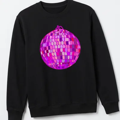 Vibrant illustration of a disco ball in pink, purple, red, and magenta hues — printed on a unisex sweatshirt