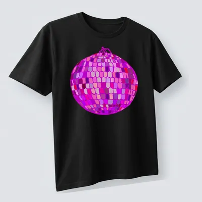 Vibrant illustration of a disco ball in pink, purple, red, and magenta hues — printed on a unisex t-shirt (angled view)