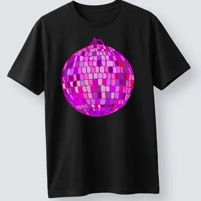 Vibrant illustration of a disco ball in pink, purple, red, and magenta hues