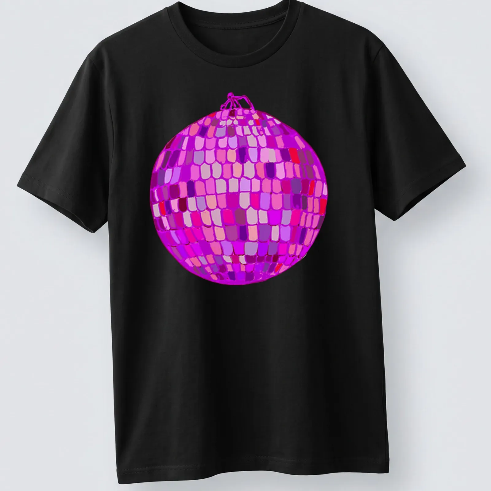 Vibrant illustration of a disco ball in pink, purple, red, and magenta hues — printed on a unisex t-shirt