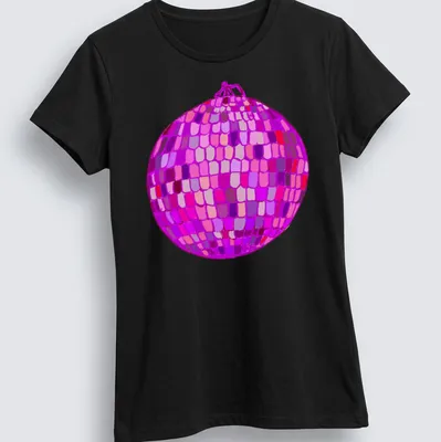 Vibrant illustration of a disco ball in pink, purple, red, and magenta hues — printed on a women's shirt