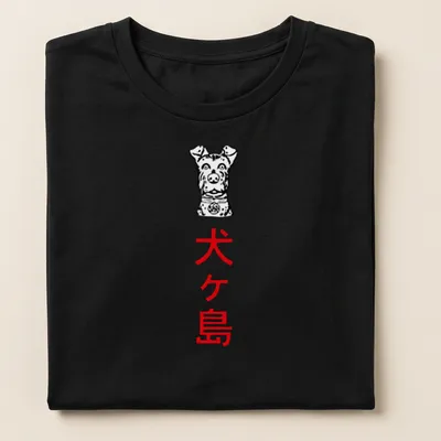 Illustrative T-shirt featuring a playful dog and the text 犬ヶ島 in bold font — printed on a women's shirt