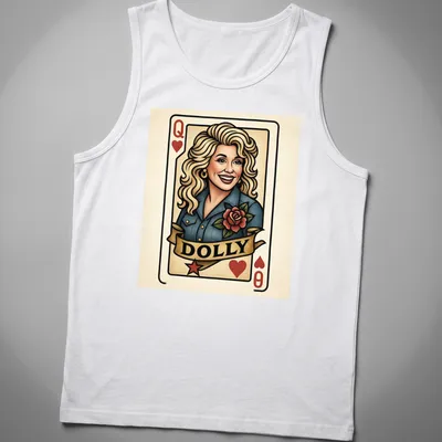 Vintage playing card design featuring Dolly Parton in a colorful graphic — printed on a tank top