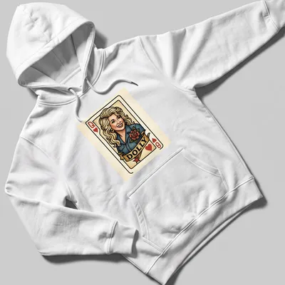 Vintage playing card design featuring Dolly Parton in a colorful graphic — printed on a unisex hoodie