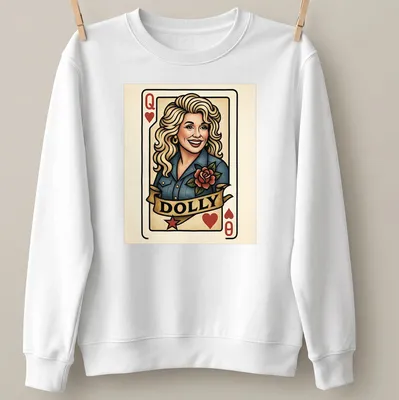 Vintage playing card design featuring Dolly Parton in a colorful graphic — printed on a unisex sweatshirt