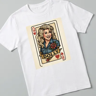 Vintage playing card design featuring Dolly Parton in a colorful graphic