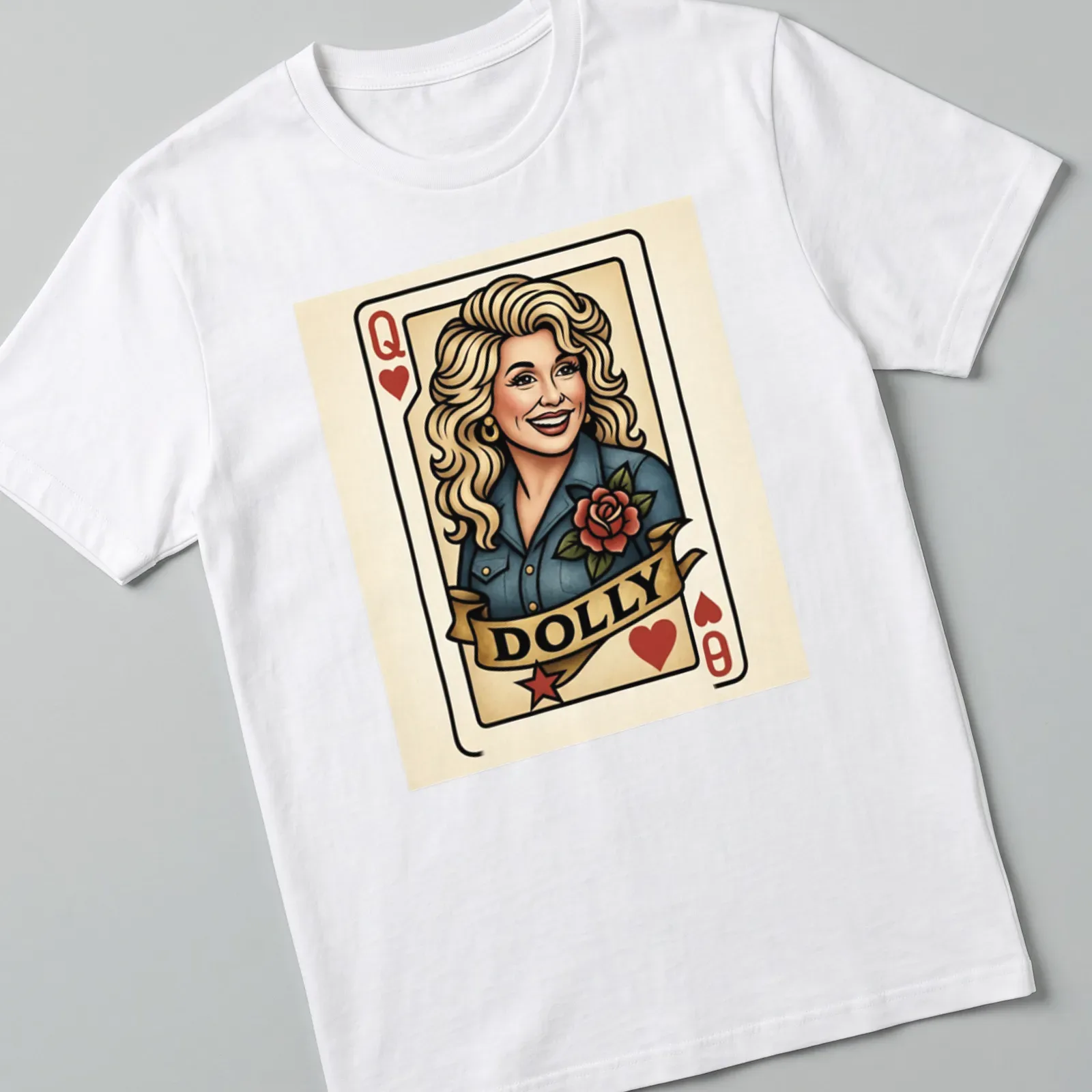 Vintage playing card design featuring Dolly Parton in a colorful graphic — printed on a unisex t-shirt