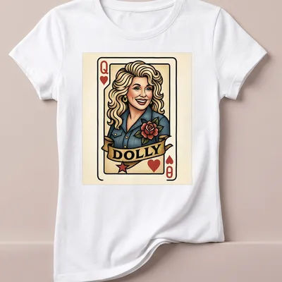 Vintage playing card design featuring Dolly Parton in a colorful graphic — printed on a women's shirt