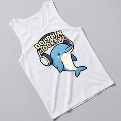 Kawaii cartoon dolphin DJ with headphones and colorful text above — printed on a tank top
