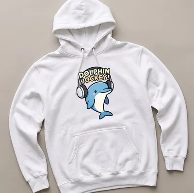 Kawaii cartoon dolphin DJ with headphones and colorful text above — printed on a unisex hoodie