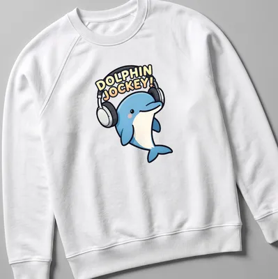 Kawaii cartoon dolphin DJ with headphones and colorful text above — printed on a unisex sweatshirt