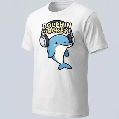 Kawaii cartoon dolphin DJ with headphones and colorful text above