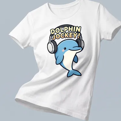 Kawaii cartoon dolphin DJ with headphones and colorful text above — printed on a women's shirt